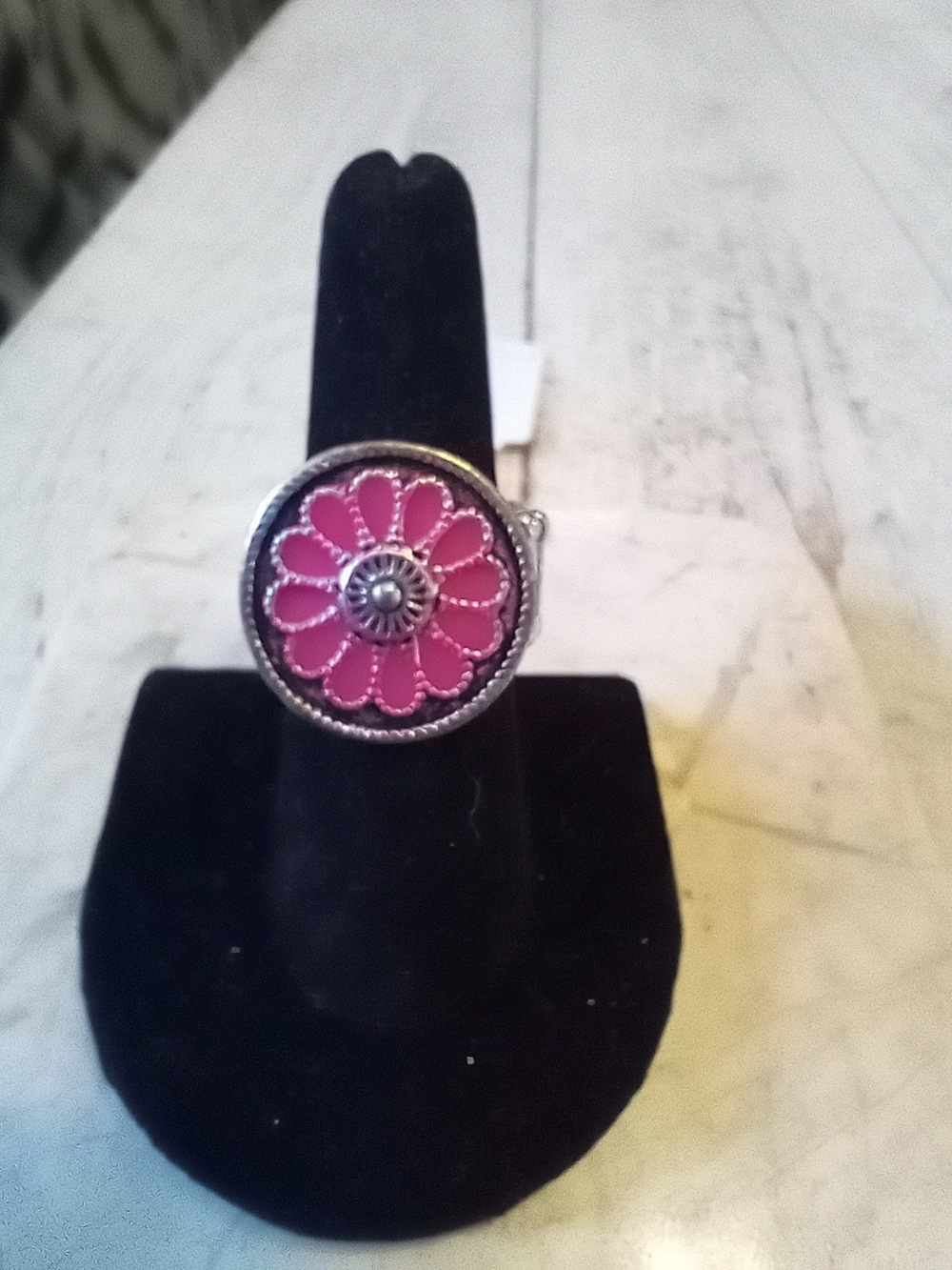 paparazzi Pink Enamel Floral Ring with Silver-Tone Detail